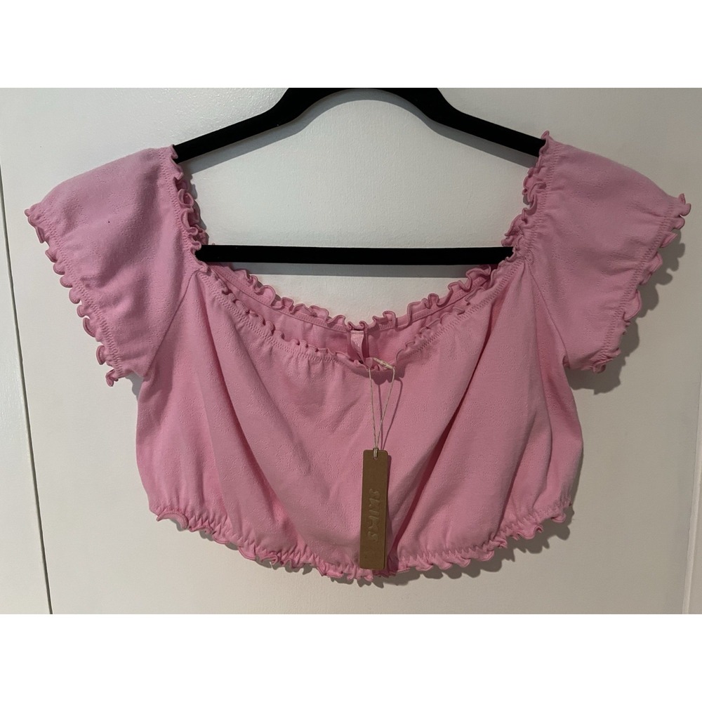 NWT Skims Pointelle Crop Top Bubblegum Pink Logo All Over Print‎ Size 3x